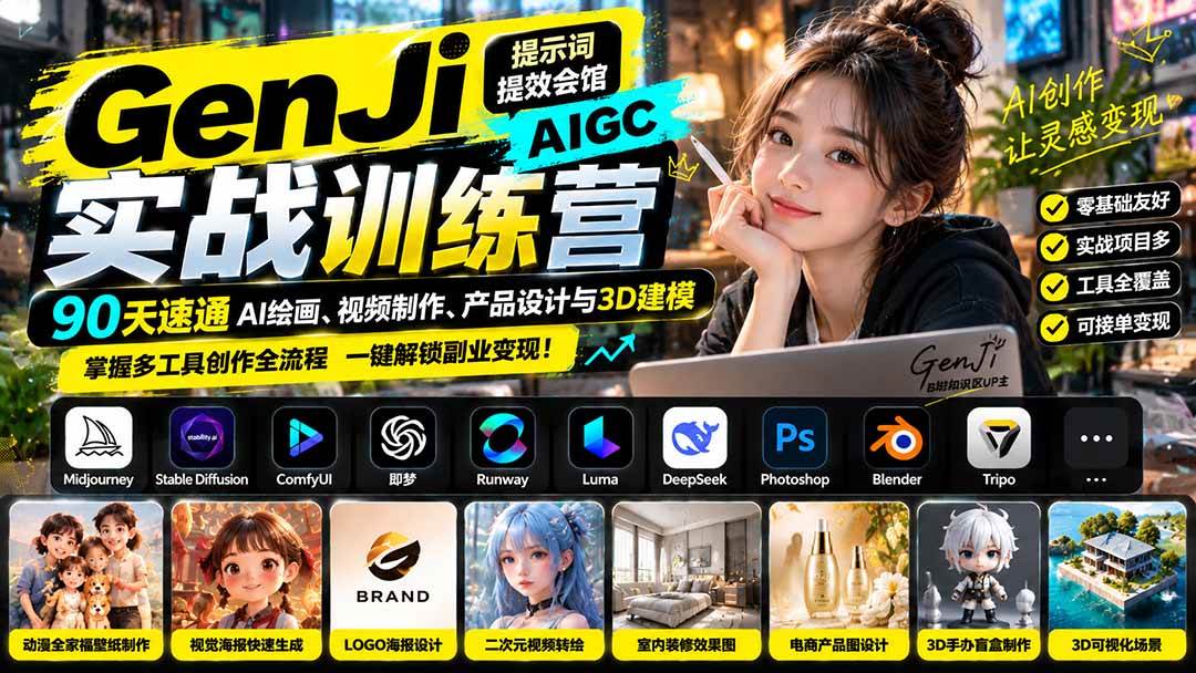 （21192期）GenJi AIGC实战训练营：90天速通AI绘画、视频制作、产品设计与3D建模，掌握多工具创作全流程-好耶资源