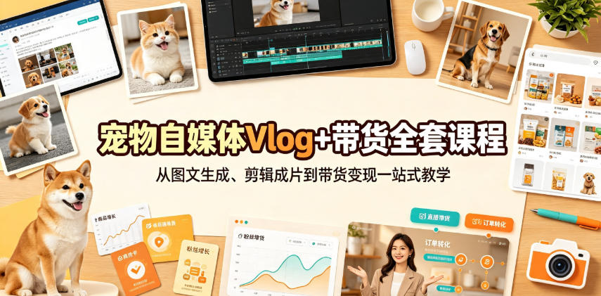 宠物自媒体Vlog+带货全套课程｜从图文生成、剪辑成片到带货变现一站式教学-好耶资源