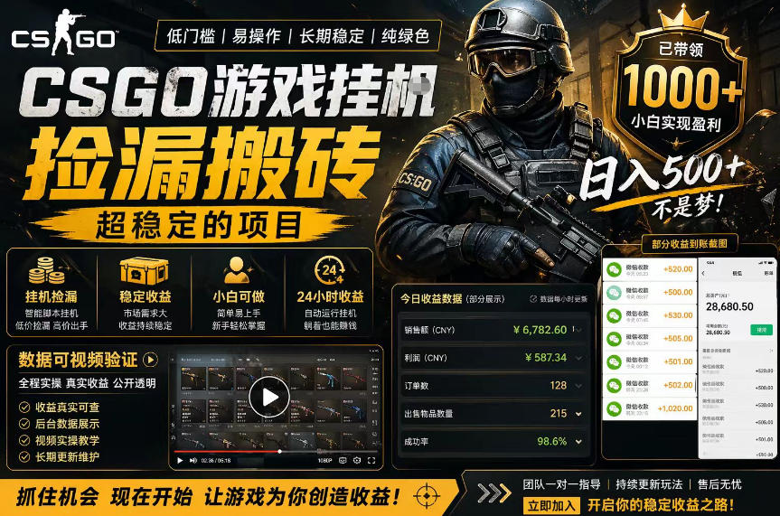 CSGO游戏搬砖，全自动挂G，不需要玩游戏，手机操作日入300+，解放双手【揭秘】-好耶资源