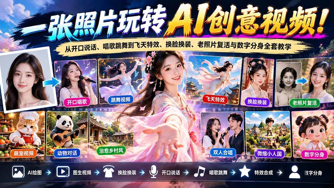 （21202期）一张照片玩转AI创意视频！从开口说话、唱歌跳舞到飞天特效、换脸换装、老照片复活与数字分身全套教学-好耶资源