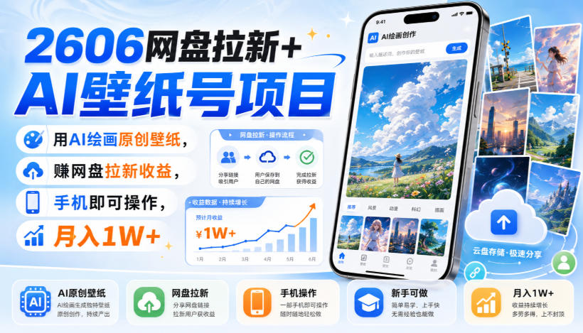 2606网盘拉新+AI壁纸号项目，用AI绘画原创壁纸，賺网盘拉新收益，手机即可操作，月入1W+-好耶资源