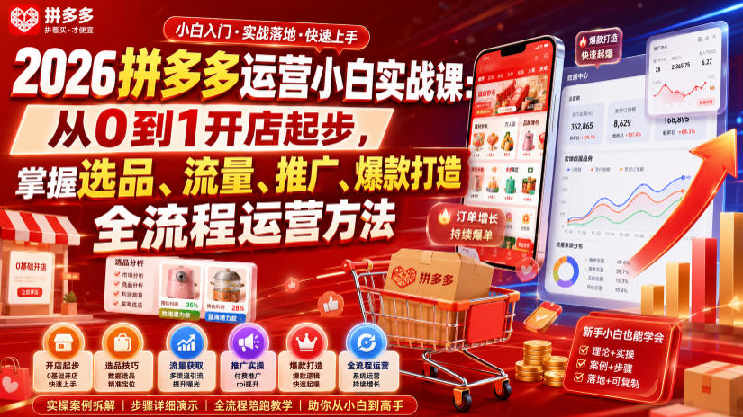 2026拼多多运营小白实战课:从0到1开店起步,掌握选品、流量、推广、爆款打造全流程运营方法-好耶资源