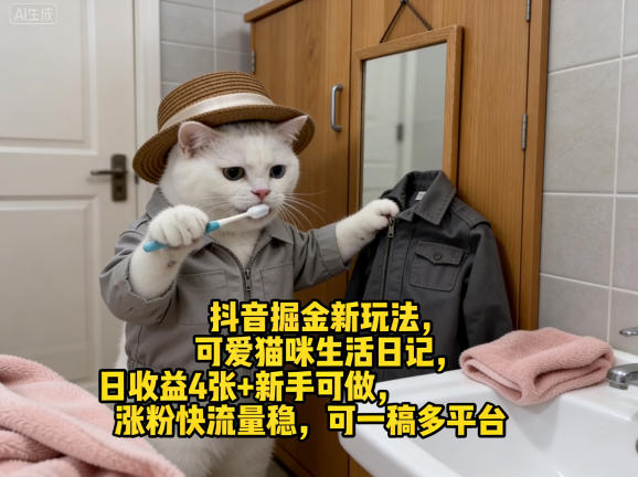 抖音掘金新玩法,可爱猫咪生活日记,日收益4张+新手可做,涨粉快流量稳,可一稿多平台-好耶资源