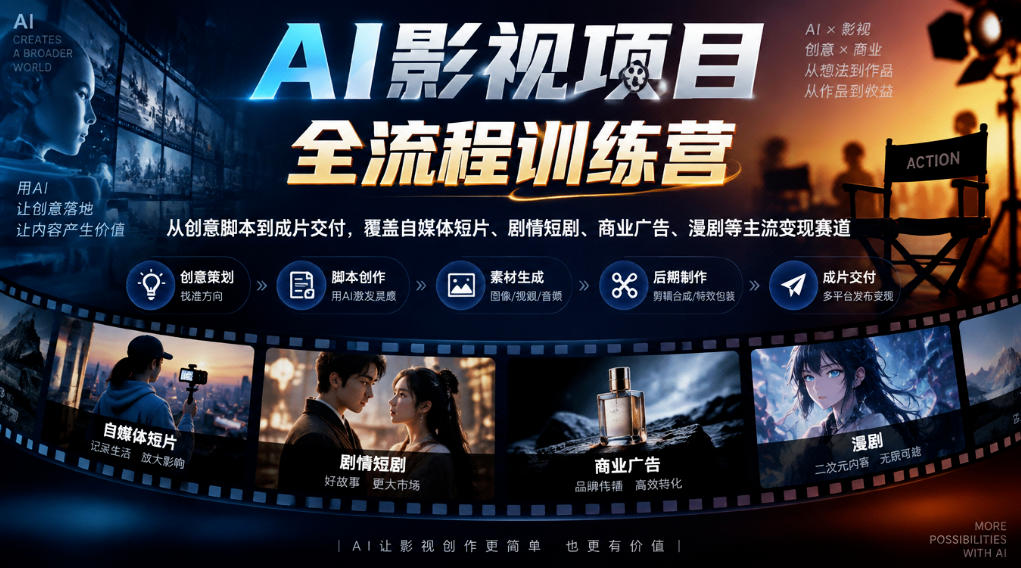 AI影视项目全流程训练营，从创意脚本到成片交付，覆盖自媒体短片、剧情短剧、商业广告、漫剧等主流变现赛道-好耶资源