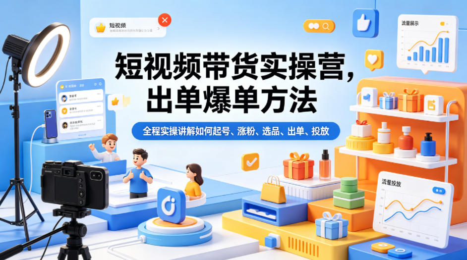 短视频带货实操营，出单爆单方法，全程实操讲解如何起号、涨粉、选品、出单、投放-好耶资源