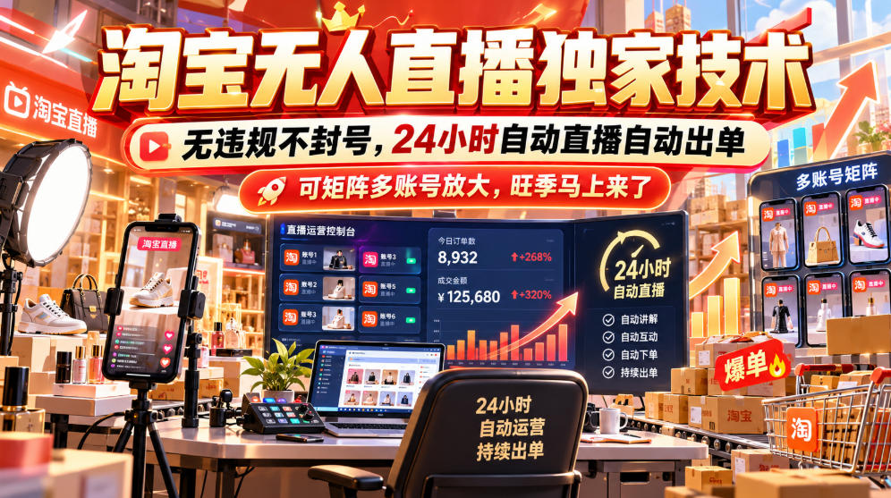淘宝无人直播独家技术，无违规不封号，24小时自动直播自动出单，可矩阵多账号放大，旺季马上来了【揭秘】-好耶资源