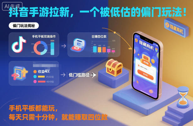 抖音手游拉新，一个被低估的偏门玩法！手机平板都能玩，每天只需十分钟，就能賺取四位数【揭秘】-好耶资源