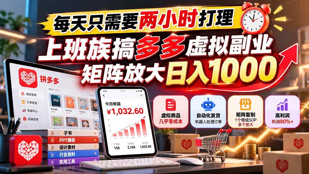 (21086期)每天只需要两小时打理,上班族搞多多虚拟副业,矩阵放大日入 1000-好耶资源
