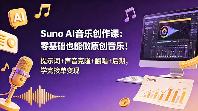 Suno AI音乐创作课：零基础也能做原创音乐！提示词+声音克隆+翻唱+后期，学完接单变现-好耶资源