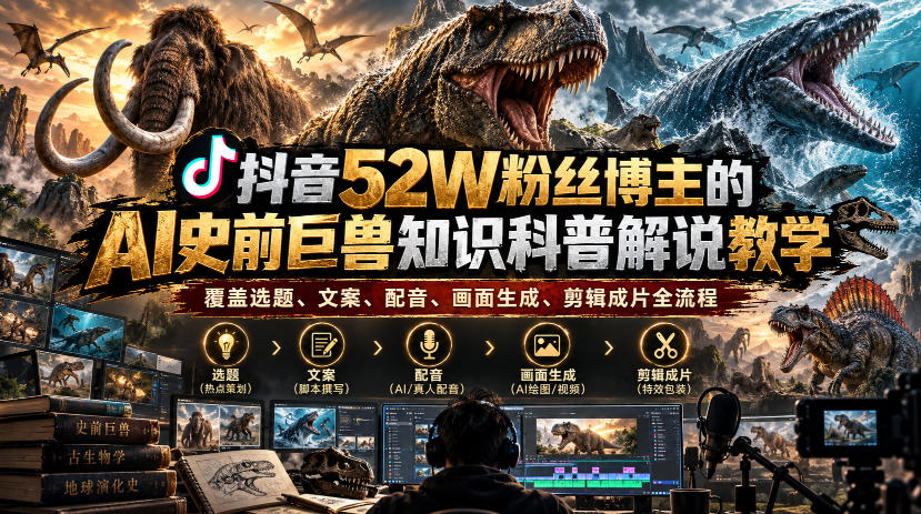 抖音52W粉丝博主的AI史前巨兽知识科普解说教学,覆盖选题、文案、配音、画面生成、剪辑成片全流程-好耶资源