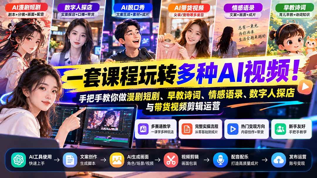 (21271期)【无水印】一套课程玩转多种AI视频!手把手教你做漫剧短剧、早教诗词、情感语录、数字人探店与带货视频剪辑运营-好耶资源