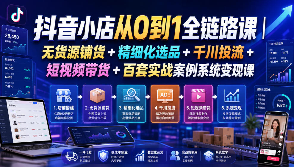 抖音小店从0到1全链路课｜无货源铺货+精细化选品+千川投流+短视频带货+百套实战案例系统变现课(2026年7月更新)-好耶资源