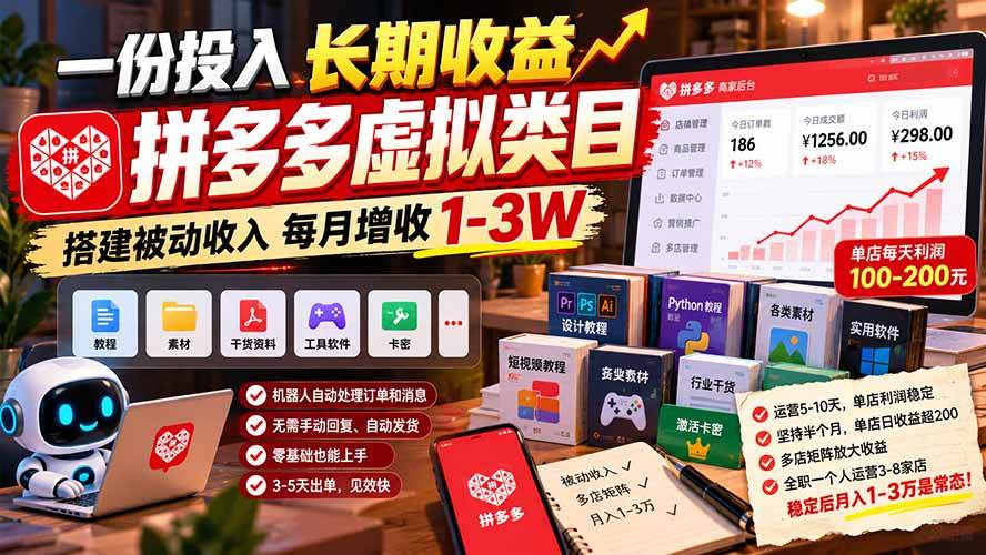 (21166期)一份投入长期收益,拼多多虚拟类目,搭建被动收入每月增收 1-3W-好耶资源