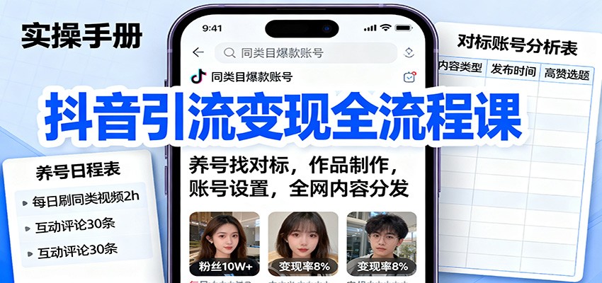 抖音引流变现全流程课:养号找对标,作品制作,账号设置,全网内容分发-好耶资源