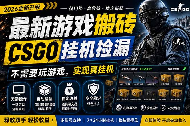 最新游戏搬砖，CSGO纯挂机，不需要玩游戏，实现真挂机，月入1W+，五一小高峰上车可吃肉，…-好耶资源