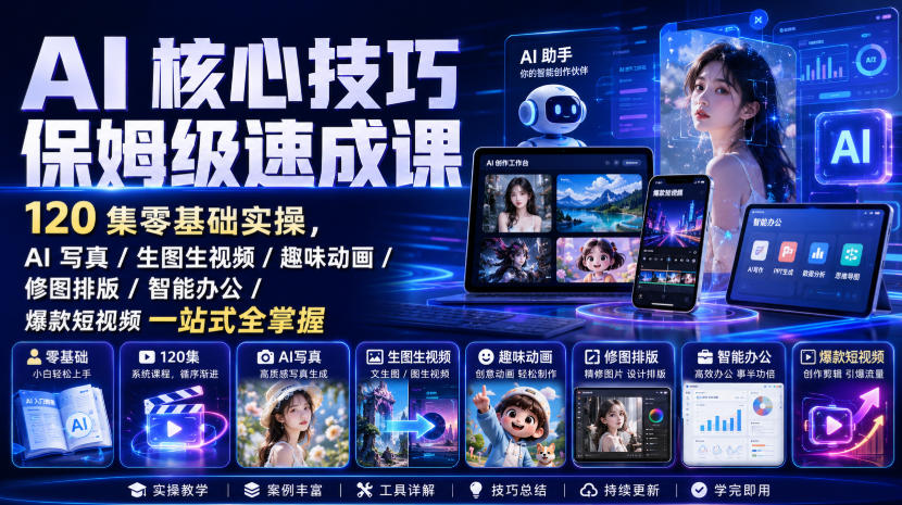 AI核心技巧保姆级速成课｜120集零基础实操，AI写真/生图生视频/趣味动画/修图排版/智能办公/爆款短视频一站式全掌握-好耶资源