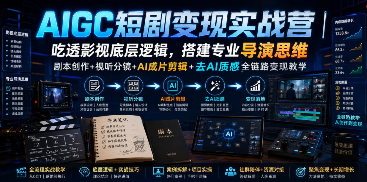 AIGC短剧变现实战营｜吃透影视底层逻辑，搭建专业导演思维，剧本创作+视听分镜+AI成片剪辑+去AI质感全链路变现教学-好耶资源