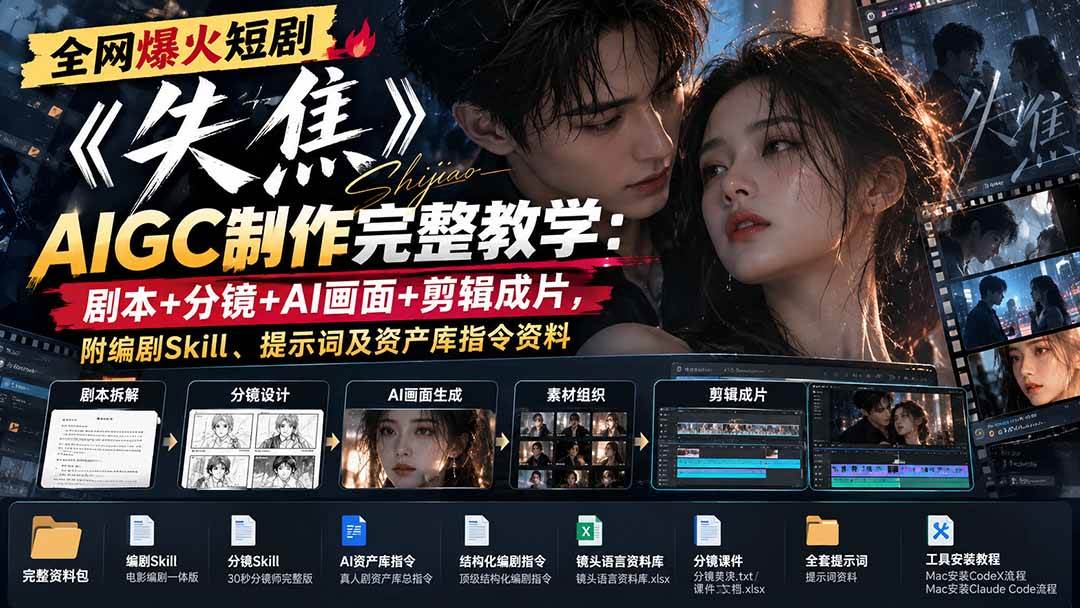 (20805期)全网爆火短剧《失焦》AIGC制作完整教学:剧本+分镜+AI画面+剪辑成片,附编剧Skill、提示词及资产库指令资料-好耶资源