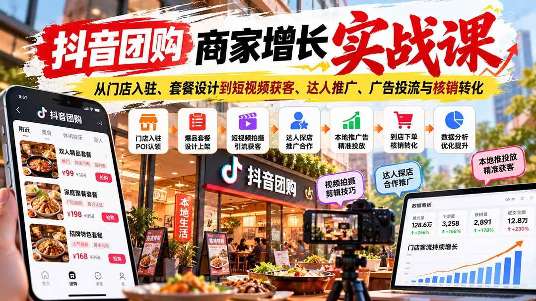 （20813期）抖音团购商家增长实战课：从门店入驻、套餐设计到短视频获客、达人推广、广告投流与核销转化-好耶资源