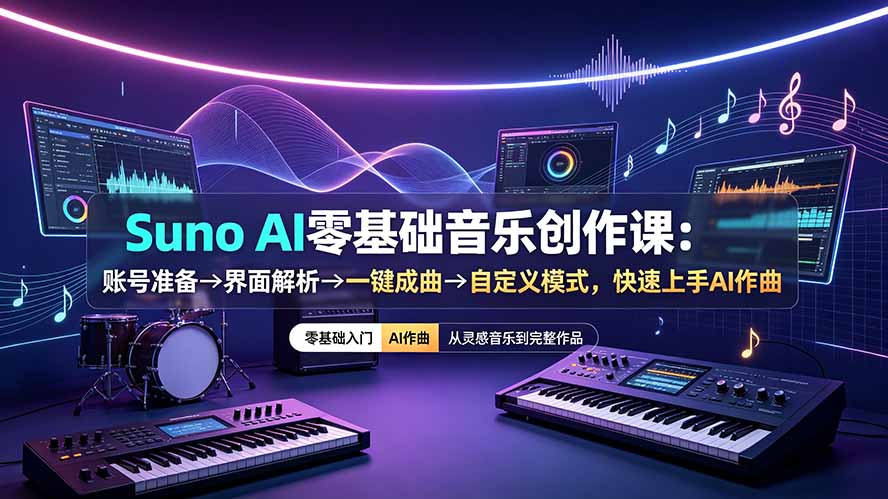 Suno AI零基础音乐创作课:账号准备→界面解析→一键成曲→自定义模式,快速上手AI作曲-好耶资源