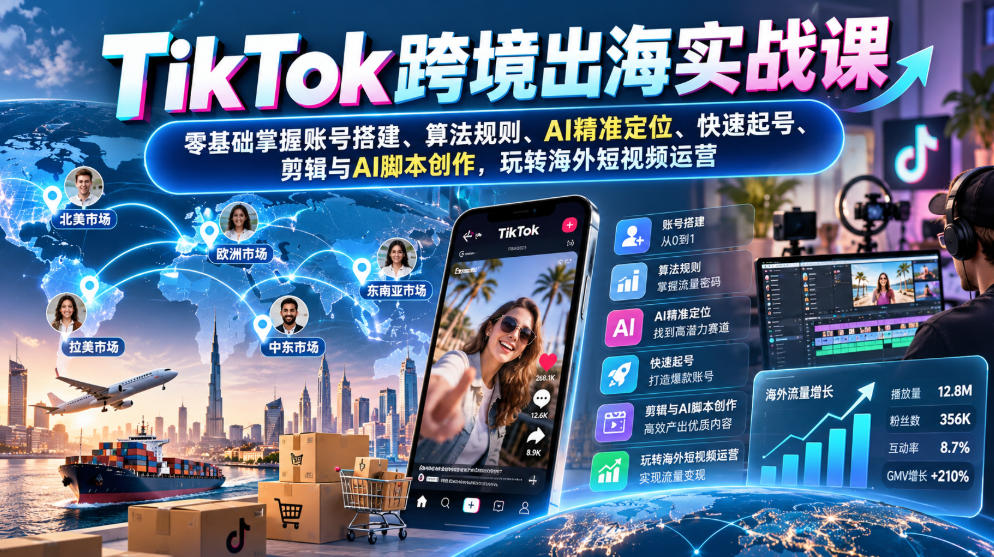 TikTok跨境出海实战课:零基础掌握账号搭建、算法规则、AI精准定位、快速起号、剪辑与AI脚本创作,玩转海外短视频运营-好耶资源