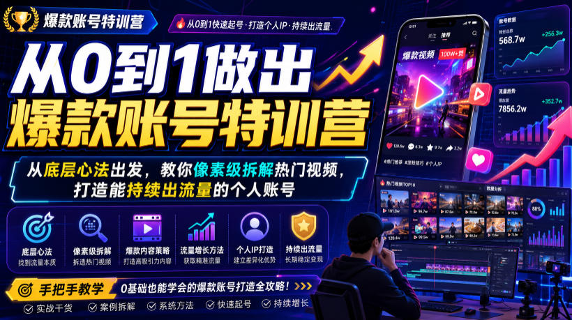 从0到1做出爆款账号特训营，从底层心法出发，教你像素级拆解热门视频，打造能持续出流量的个人账号-好耶资源