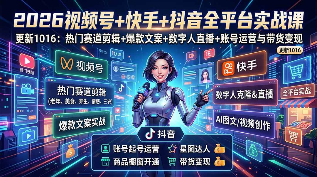 (20997期)视频号+快手+抖音三大平台的全栈剪辑+数字人直播实战课-3月更新:快速实现短视频变现-好耶资源