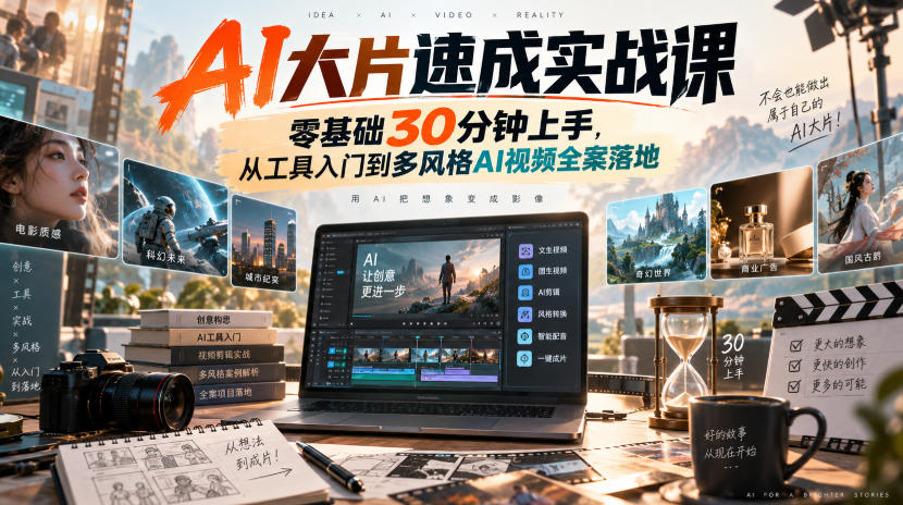AI大片速成实战课|零基础30分钟上手,从工具入门到多风格AI视频全案落地-好耶资源