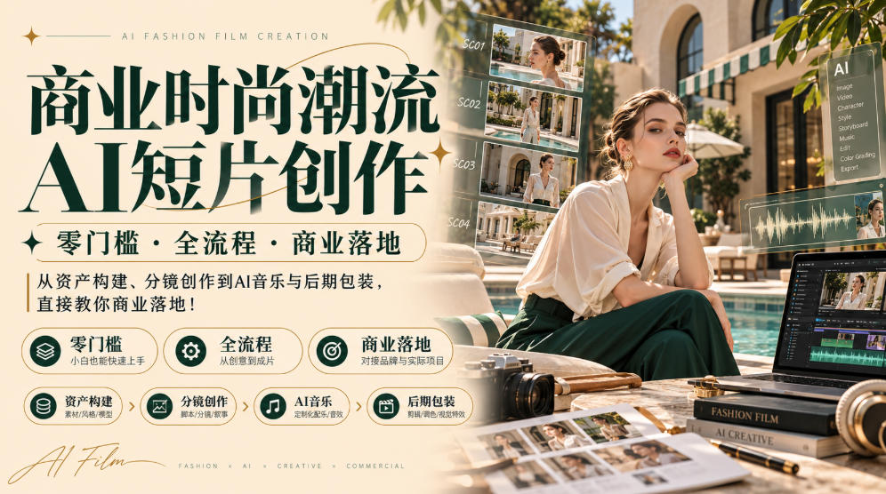 商业时尚潮流AI短片创作|零门槛・全流程・商业落地,从资产构建、分镜创作到AI音乐与后期包装,直接教你商业落地! 商业时尚潮流AI短片创作|零门槛・全流程・商业落地,从资产构建、分镜创作到AI音乐与后期包装,直接教你商业落地!
