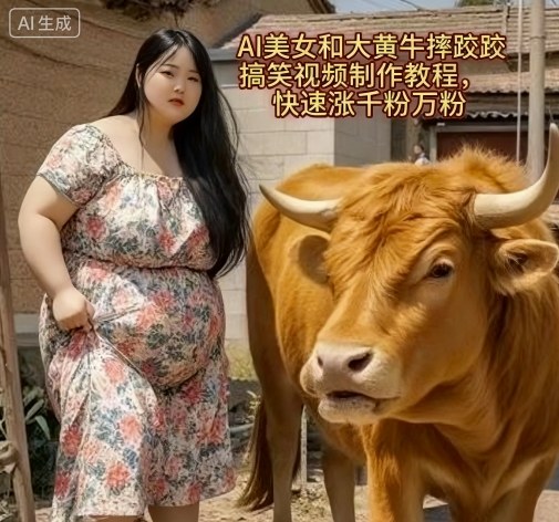 AI美女和大黄牛摔跤搞笑荒诞视频制作教程,快速涨千粉万粉-好耶资源