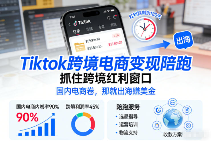 Tiktok跨境电商变现陪跑，抓住跨境红利窗口，国内电商卷，那就出海賺美金-好耶资源