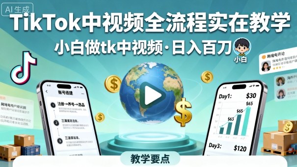 TikTok中视频全流程实操教学，小白做tk中视频，日入百刀-好耶资源