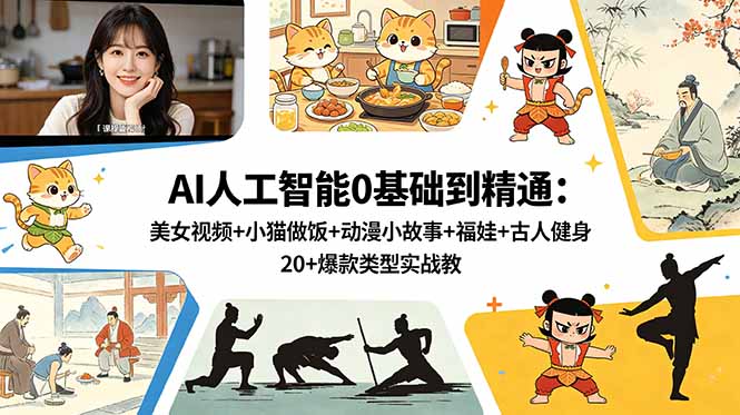 AI人工智能0基础到精通:美女视频+小猫做饭+动漫小故事+福娃+古人健身,20+爆款类型实战教学-好耶资源