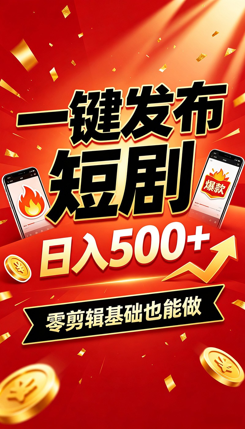 快手短剧一键发布，不用剪辑操作简单，副业日入500+。空闲时间轻松赚收益-好耶资源