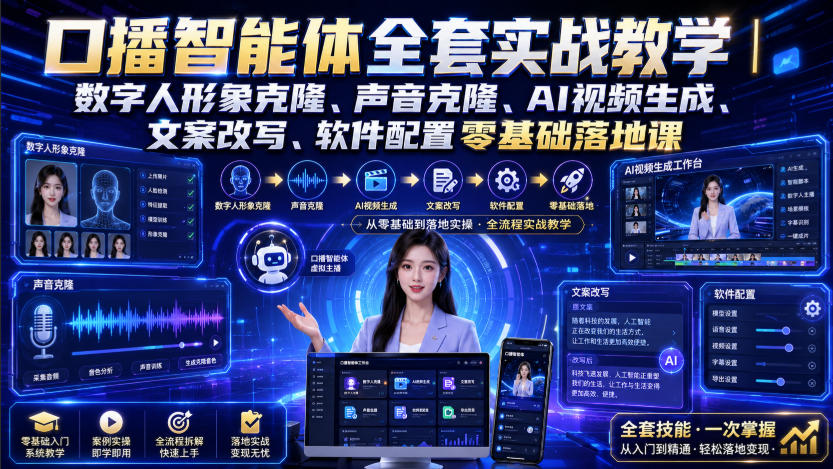 口播智能体全套实战教学|数字人形象克隆、声音克隆、AI视频生成、文案改写、软件配置零基础落地课-好耶资源