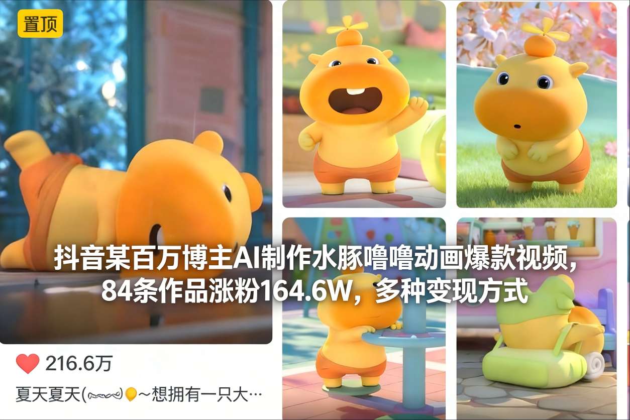 抖音某百万博主AI制作水豚噜噜动画爆款视频，84条作品涨粉164.6W，多种变现方式-好耶资源