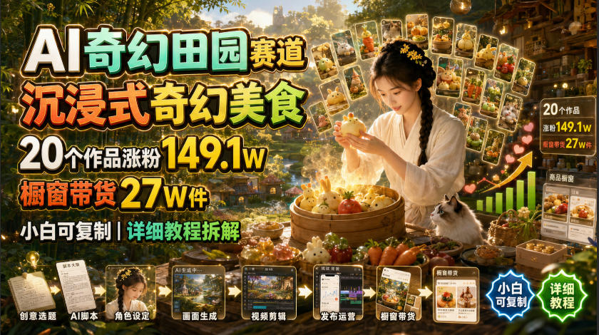 AI奇幻田园赛道，沉浸式奇幻美食，20个作品涨粉149.1W，橱窗带货27W件，小白可复制，详细教程拆解-好耶资源
