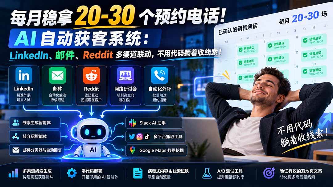 (21164期)每月稳拿 20-30 个预约电话!AI 自动获客系统:LinkedIn、邮件、Reddit 多渠道联动,不用代码躺着收线索!-好耶资源