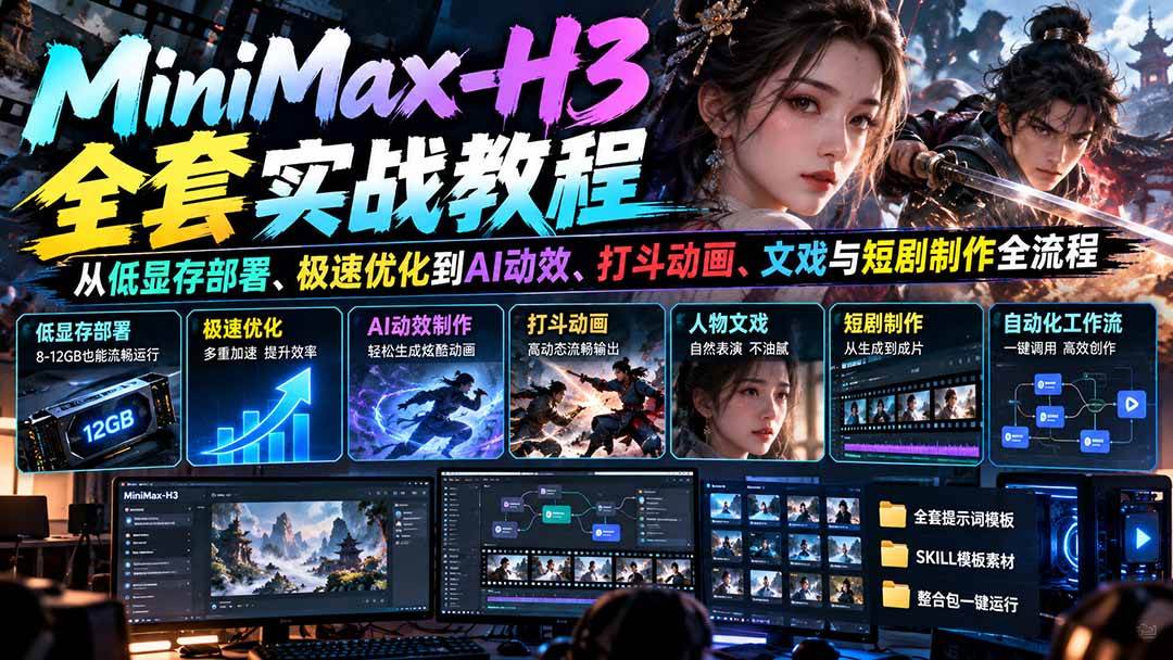 (21161期)MiniMax-H3全套实战教程:从低显存部署、极速优化到AI动效、打斗动画、文戏与短剧制作全流程-好耶资源