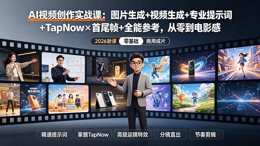 AI视频创作实战课:图片生成+视频生成+专业提示词+TapNow×首尾帧+全能参考,从零到电影感成片-好耶资源