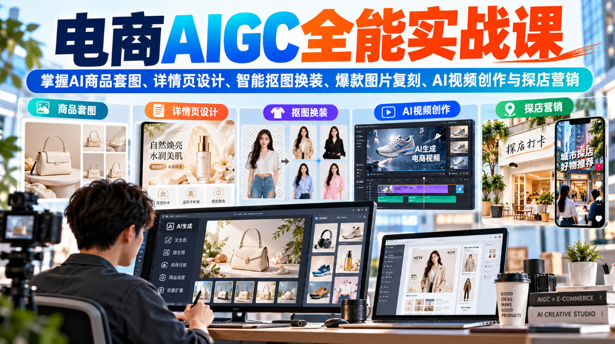 电商AIGC全能实战课:掌握AI商品套图、详情页设计、智能抠图换装、爆款图片复刻、AI视频创作与探店营销-好耶资源