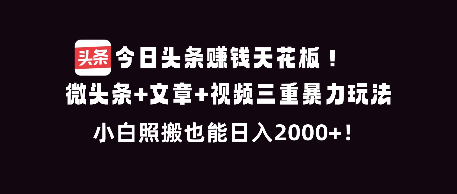 今日头条赚钱天花板！微头条+文章+视频三重暴利玩法，小白照搬也能日人2000+-好耶资源