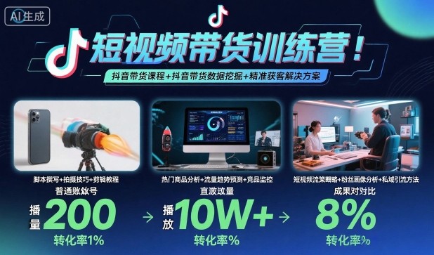 短视频带货训练营，抖音带货课程+抖音带货数据挖掘+精准获客解决方案