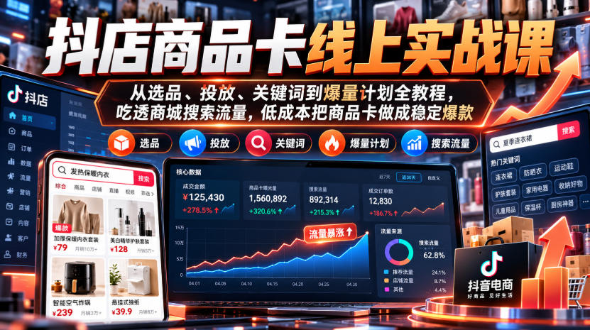 抖店商品卡线上实战课|从选品、投放、关键词到爆量计划全教程,吃透商城搜索流量,低成本把商品卡做成稳定爆款-好耶资源