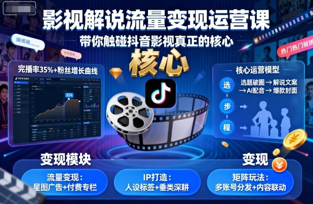 影视解说流量变现运营课，带你触碰抖音影视真正的核心-好耶资源