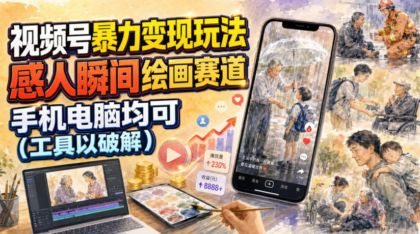 视频号暴力变现玩法,感人瞬间绘画赛道,手机电脑均可-好耶资源