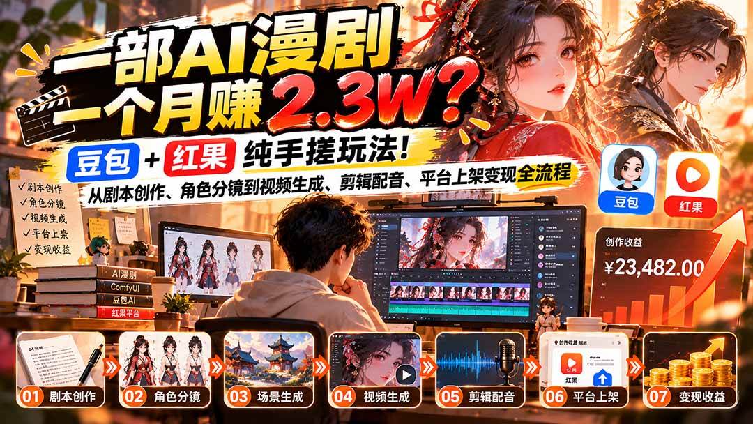 (21089期)一部AI漫剧一个月赚2.3W?豆包+红果纯手搓玩法!从剧本创作、角色分镜到视频生成、剪辑配音、平台上架变现全流程-好耶资源