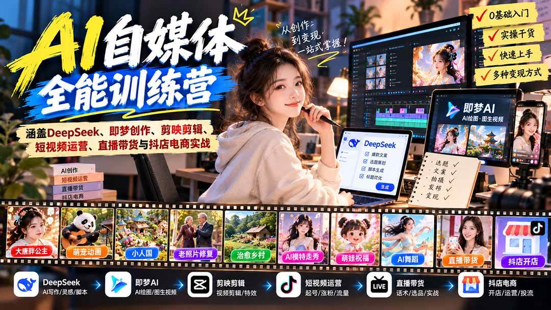 （21201期）【无水印】AI+自媒体全能训练营：涵盖DeepSeek、即梦创作、剪映剪辑、短视频运营、直播带货与抖店电商实战-好耶资源