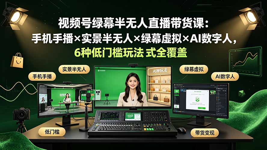 视频号绿幕半无人直播带货课:手机手播×实景半无人×绿幕虚拟×AI数字人,6种低门槛玩法全覆盖-好耶资源
