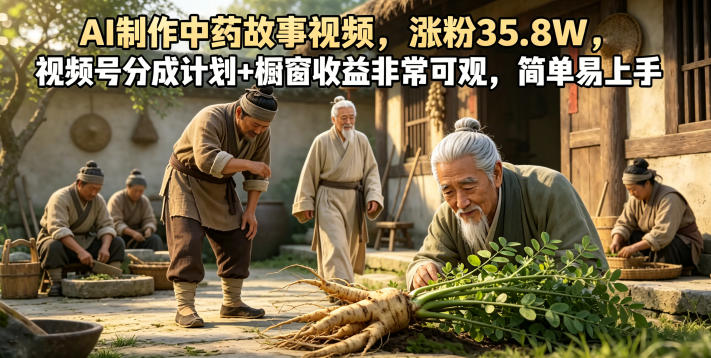 AI制作中药故事视频，涨粉35.8W，视频号分成计划+橱窗收益非常可观，简单易上手-好耶资源